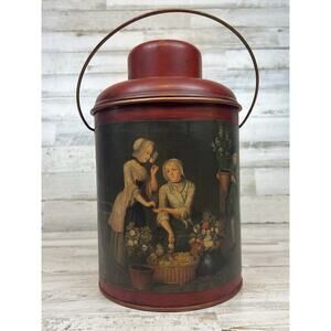 Vintage Faris Thermos French Pastoral Scene Red Metal Glass Lined Bottle 1940s